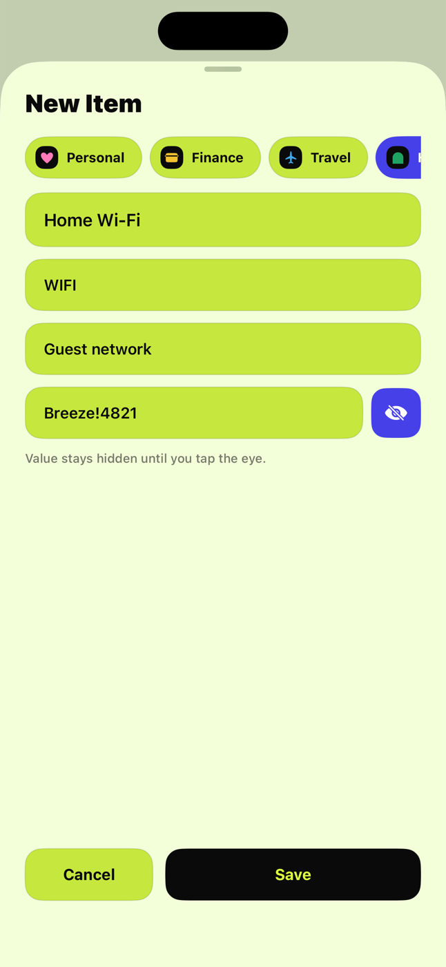 Adding a private item in iKeep