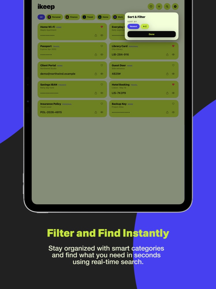 iKeep App Store screenshot showing secure details on iPad