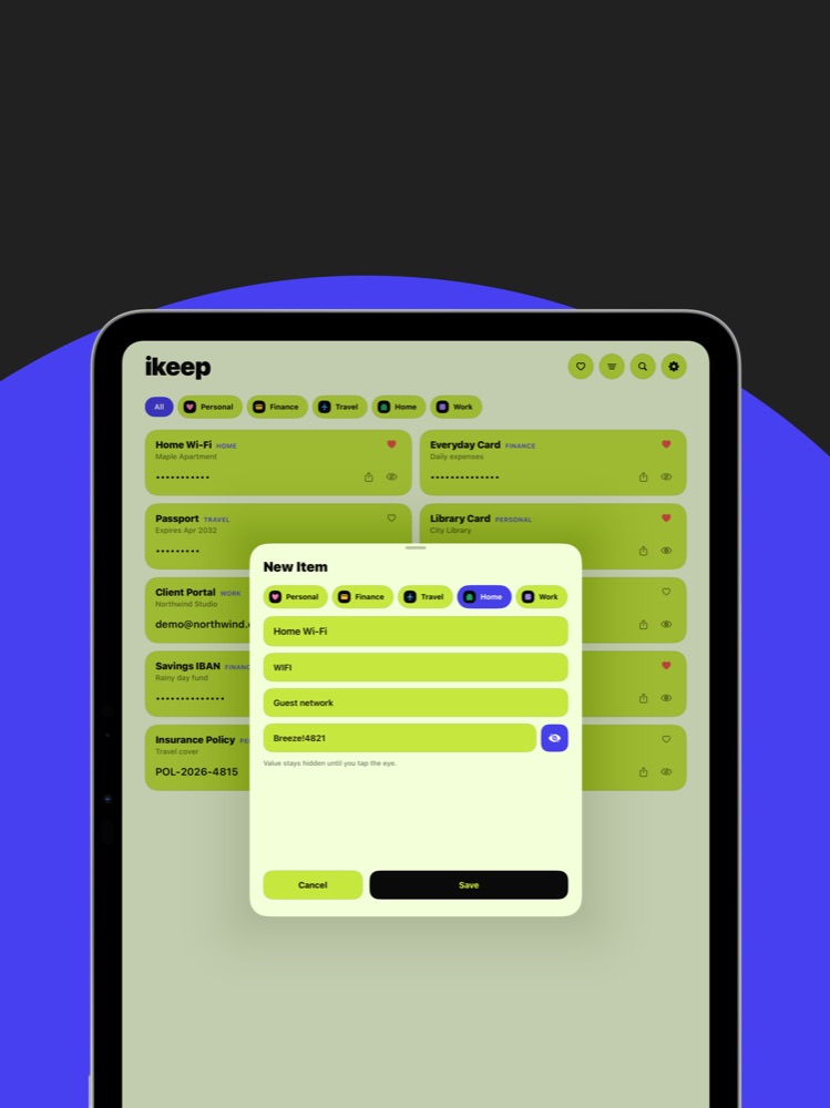 iKeep App Store screenshot showing iCloud features on iPad