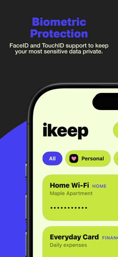 iKeep App Store screenshot showing item organization on iPhone